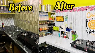 Indian Non Modular Kitchen Makeover|Kitchen Makeover with wallpapers|DIY countertop organisation