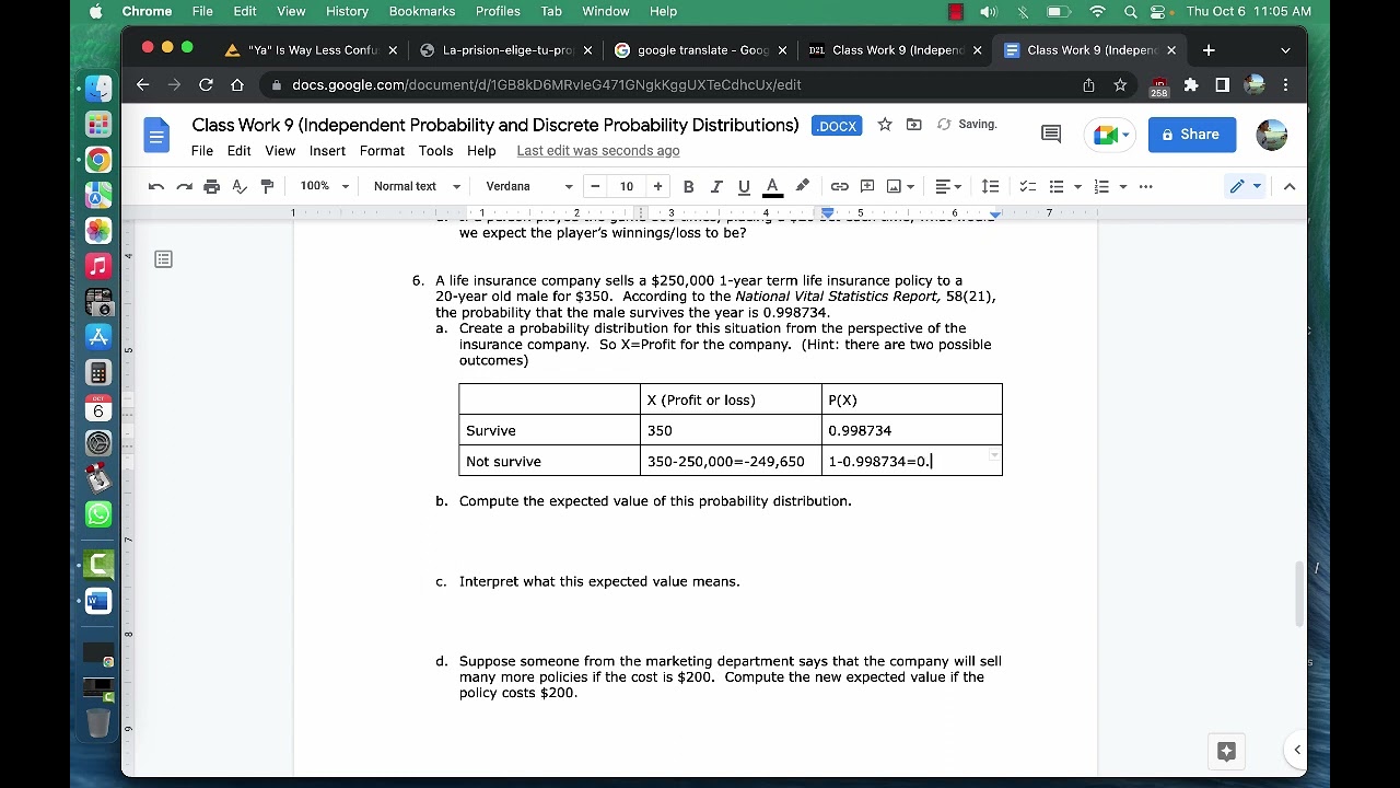 Life Insurance Policy Expected Value Example