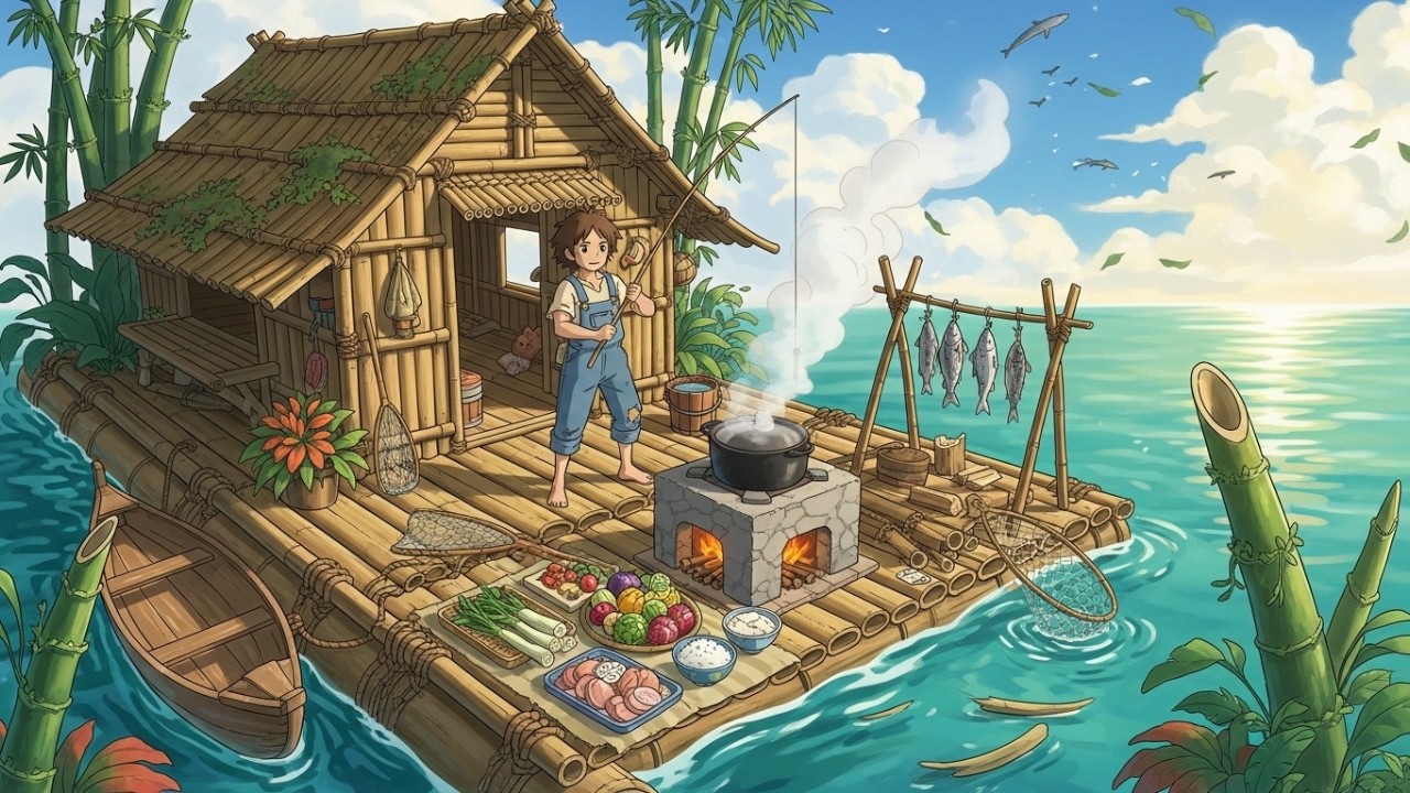 Surviving 30 Days in a Floating Bamboo House 🌊 | Fishing & Woodfire Cooking | Ghibli-Style ASMR