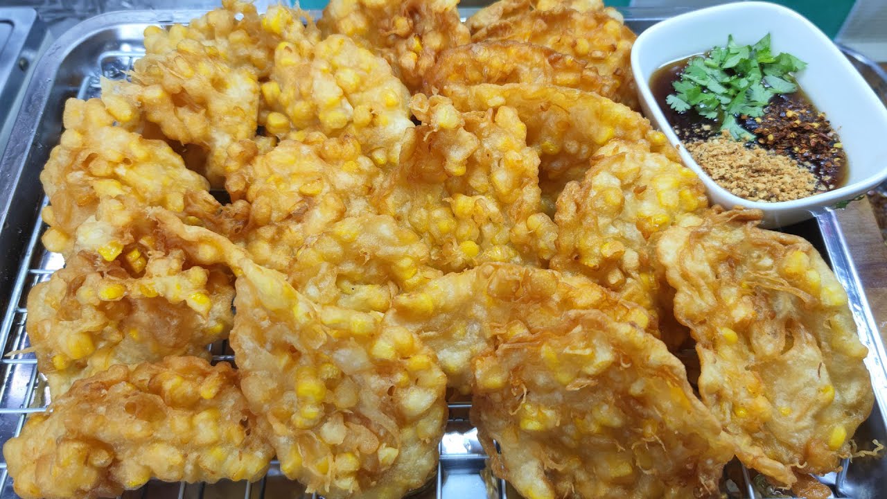 ข้าวโพดทอด สอนวิธีผสมเเป้งให้กรอบนอกนุ่มใน ทอดเเล้วไม่เเข็ง ไม่อมน้ำมัน สูตรน้ำจิ้มถั่วทำง่ายมากๆ