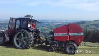 Runballenpressen beim 1. Schnitt 2019 mit Same Explorer 90 und Pöttinger Rollprofi
