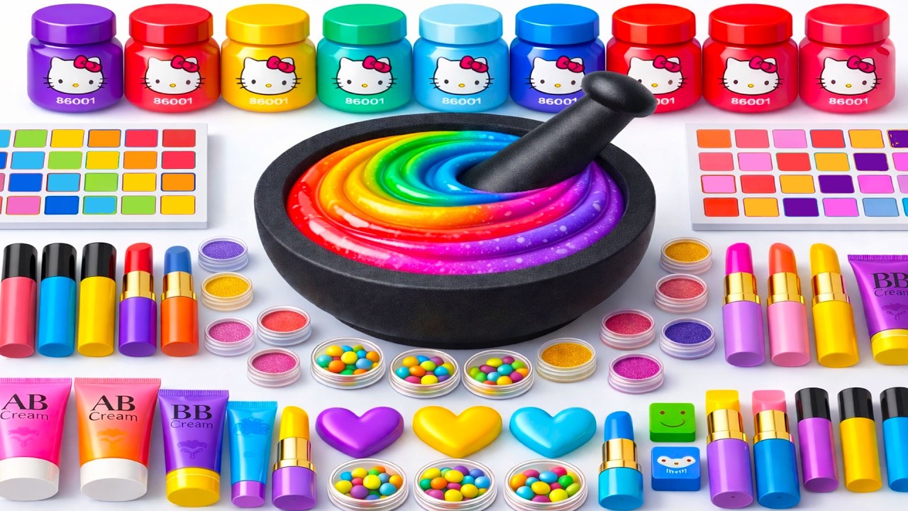 Satisfying Slime ASMR DIY 🌈 How to Make Rainbow Kitty Slime with Makeup Cosmetic Candy Toys Glitter