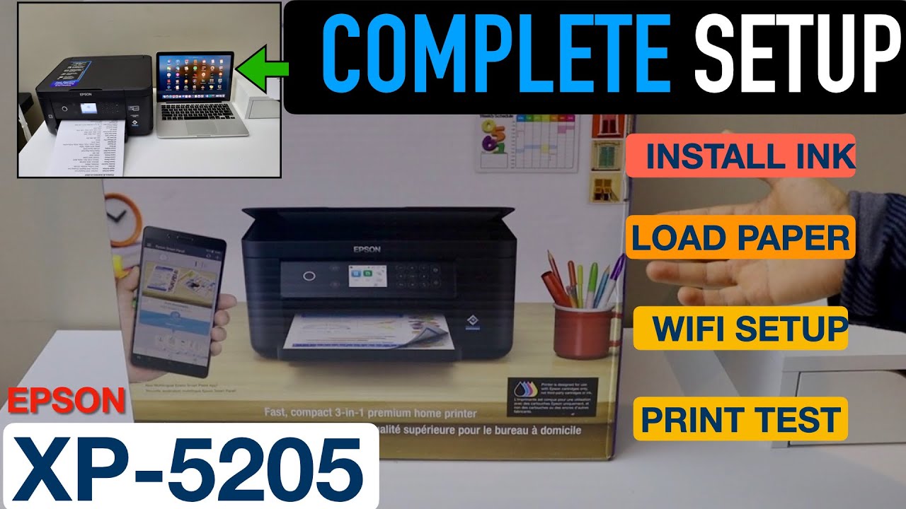 Epson XP 5205 Complete Setup, Installing setup Ink Cartridges, Wireless  Setup, Print with MacBook. 