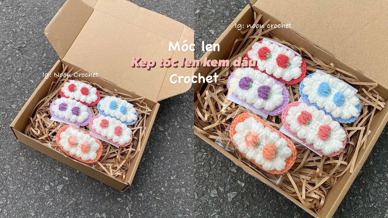 #4 Crochet Strawberry Cream Hairclip🍓| Hướng dẫn móc kẹp tóc kem dâu bằng len