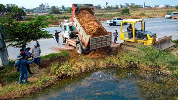 Perfectly Project! LANDFILL Delete Flooded Area Using Powerful Dozer D41PX Pushing Soil with Trucks