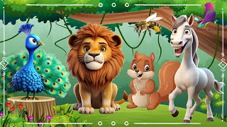 Happy animal moment: Peacock, Lion, Horse, Bee, Chipmunk - Animals sound