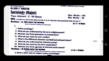 Sociology (Major) | UG 1st Semester Kashmir University | Question Paper 📃