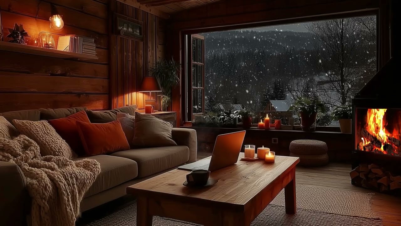 Warm Winter Cabin Night ❄️ | Crackling Fireplace and Falling Snow Sounds for Rest and Peaceful Sleep