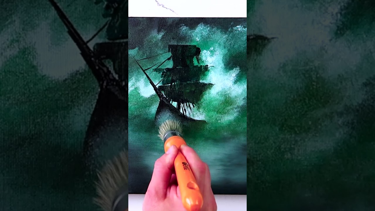 Ghost Ship in Ocean Waves | Quick Acrylic Seascape Painting Technique | Oval Brush Art