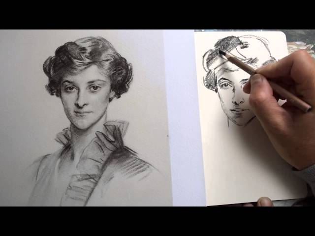 Charcoal pencil drawing in Moleskine sketchbook of a John Singer Sargent portrait.