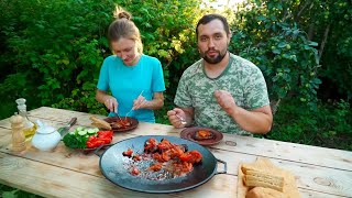 BUILDING MATERIAL FOR THE WEDDING| PUMPING HONEY AND COLLECTING HERBS|MEAT WITH GARLIC ON THE GARDEN