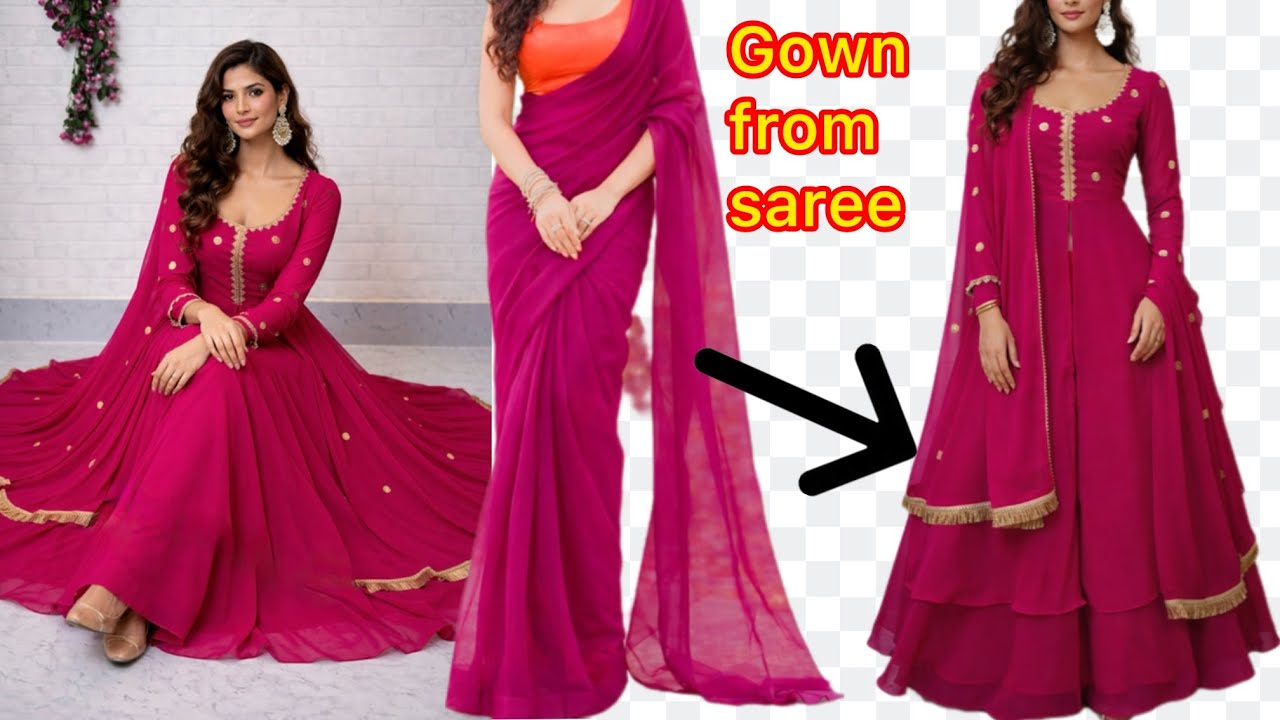 Anarkali dress cutting & stitching easily /convert saree into long gown/saree, reuse ￼