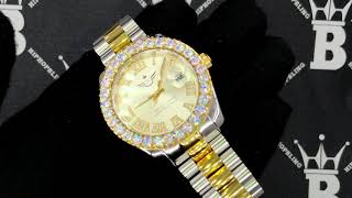 Hip Hop Bling 2 Tone Big Bezel Cz Roman Dial Date Iced Out Watch