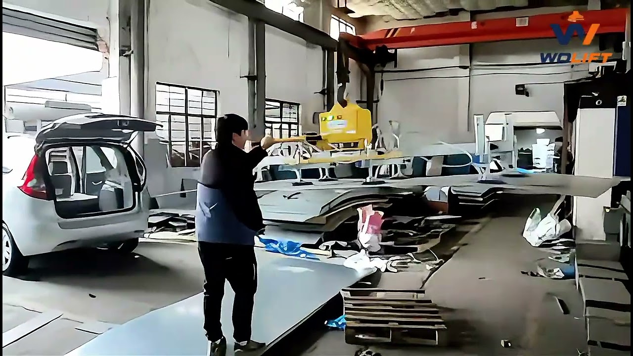 WOLIFT battery vacuum lifter loading sheet metal onto a 4020 laser cutting table in Latvia