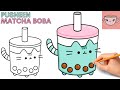 How to draw pusheen cat  matcha boba bubble tea  cute easy step by step drawing tutorial