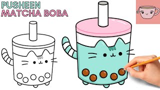 How To Draw Pusheen Cat - Matcha Boba Bubble Tea | Cute Easy Step By Step Drawing Tutorial screenshot 5