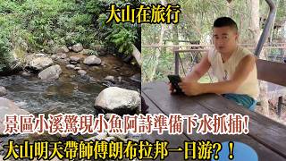 Small fish spotted in the scenic creek, Ashi gets ready to jump in and catch them! Dashan to take...