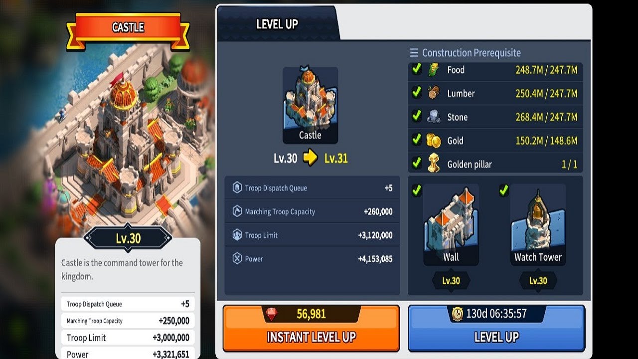 League of Kingdoms 2023: Upgrade Requirements For Castle Level 31 (From Level 30-31)