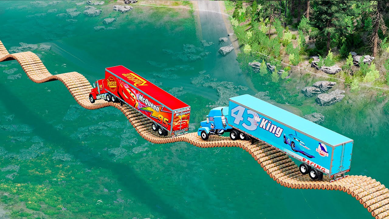 صورة فيديو : Mack truck vs Dinoco vs Impossible Log Wave Bridge Truck Car Rescue -Cars vs Deep Water-BeamNG.drive