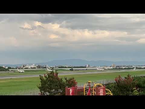 伊丹空港　伊丹スカイパーク　着陸機を背に離陸　離陸待ち3機