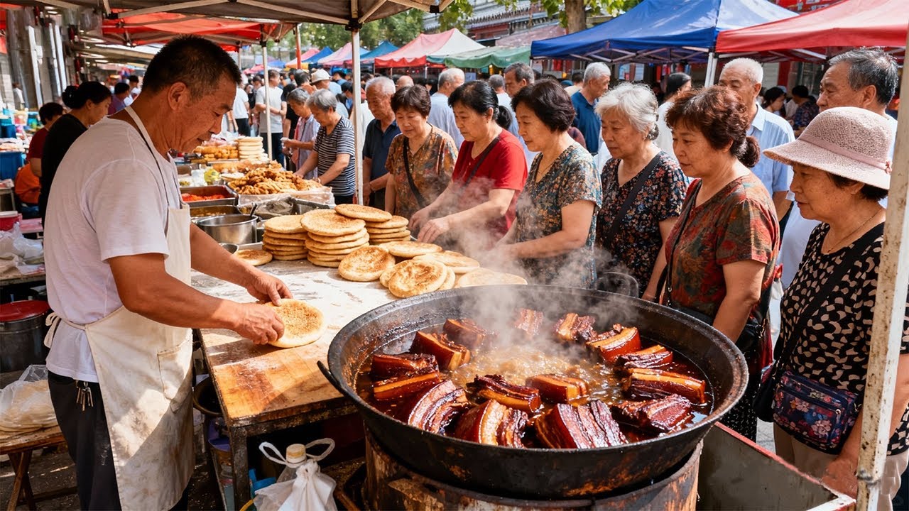 中国山东济南特色美食与街头早餐，超大块的把子肉，咸味的甜沫，开口芝麻烧饼，麻酱火烧，济南独有的烤白条，香煎深海鱼，超大的壮馍，鸡蛋灌饼，烧饼夹牛肉，滕州菜煎饼，淄博肉烧饼等等超级美味，一定不能错过！