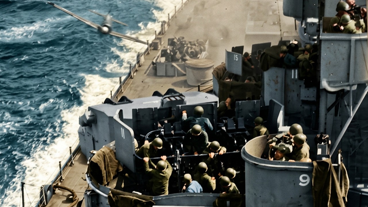 戦艦ミズーリに突っ込む1秒前の零戦。1945年4月11日、19歳の特攻隊員は撃たれながら機首を上げ続け、翌朝、敵の艦長は彼を軍葬で海に送った｜実際の写真をAIフルカラー復元