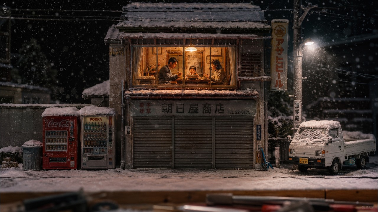 自分たちが模型だと知らない、雪降る昭和レトロな小さな街｜AIジオラマ