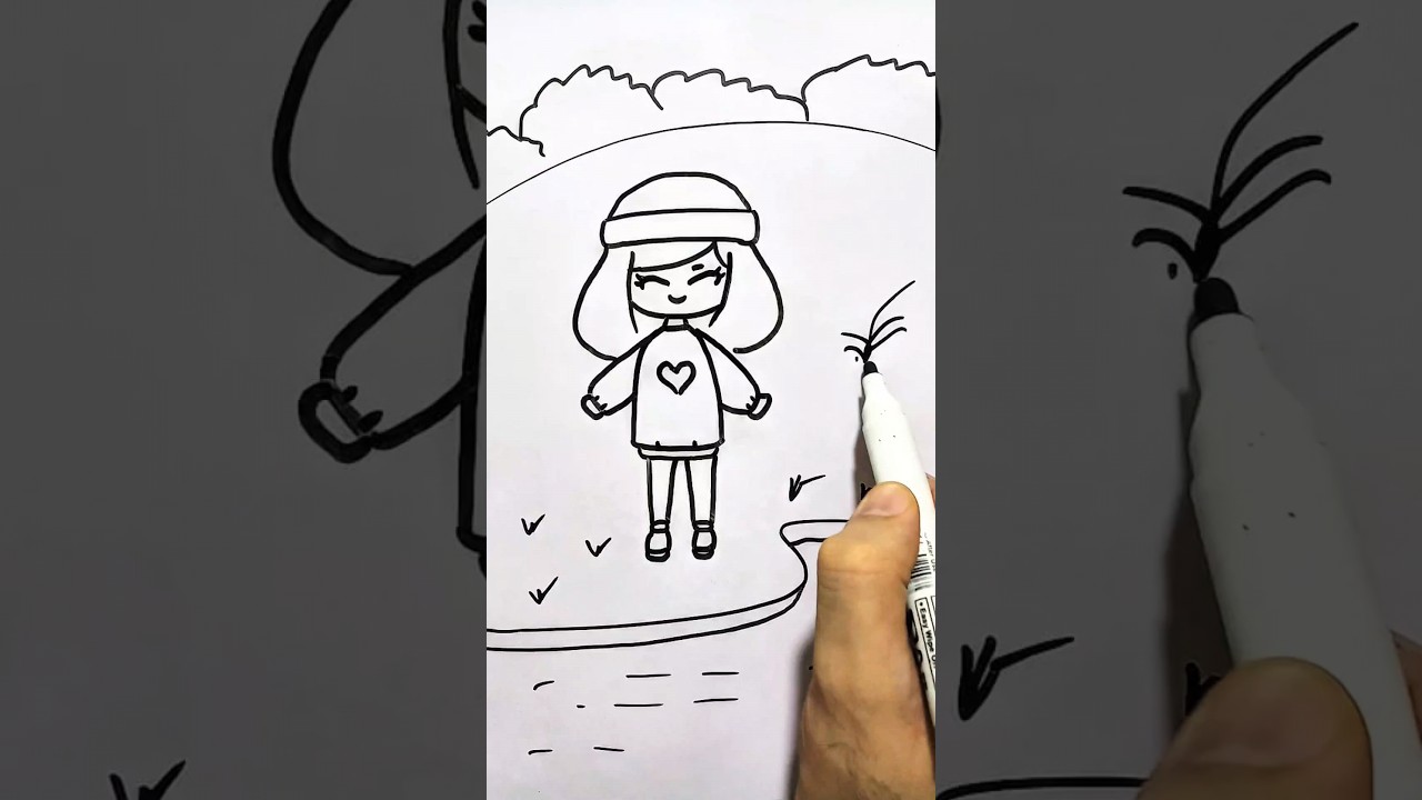 Little Girl on the bank of river | Cute drawing for beginners