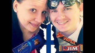 My Husband trying out some finnish candy or candy that we like here...