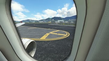 MSFS Fenix A320 Wingview Take Off Hong Kong VHHH 07R It