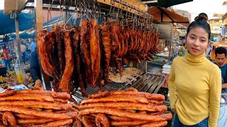 Most popular Cambodian street food - Tasty yummy Grilled fish, Duck, Pork ribs & pigs intestine