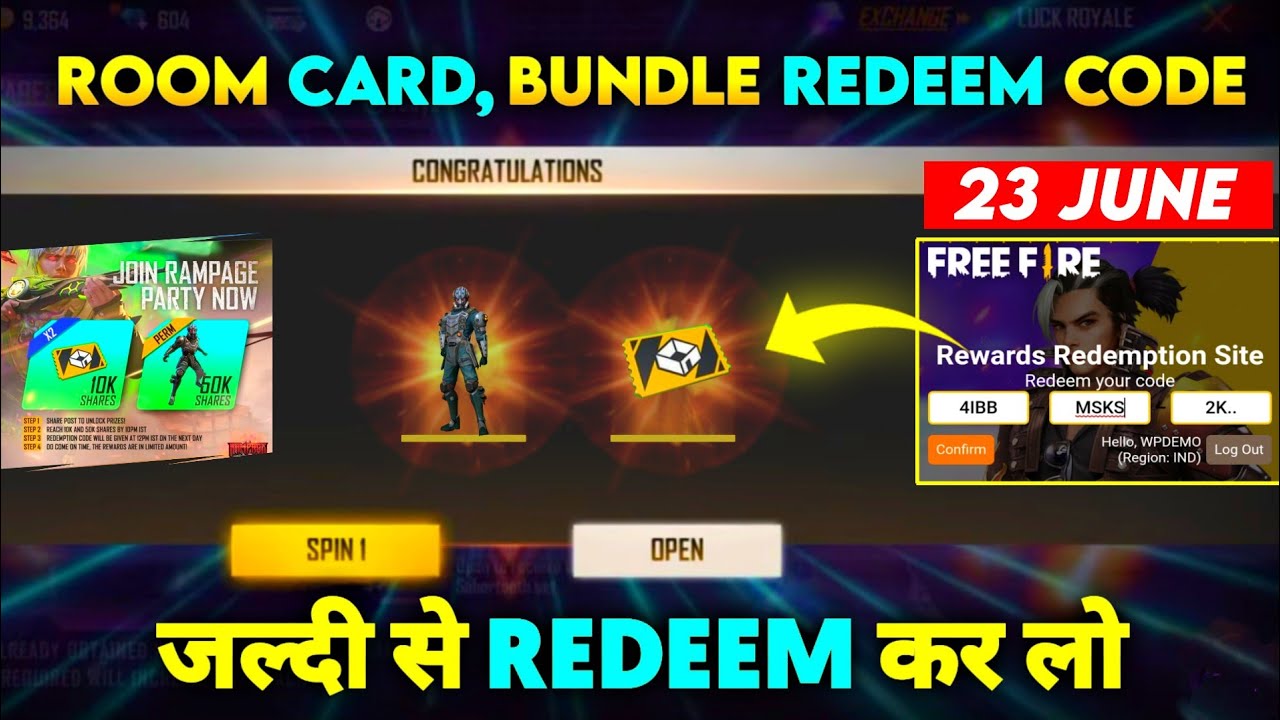 FREE FIRE REDEEM CODE TODAY | FF NEW REDEEM CODE | RAMPAGE PARTY REDEEM