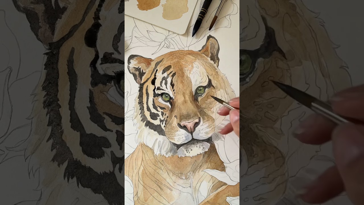 Watercolor painting session on the tiger artwork 🧡🖤 