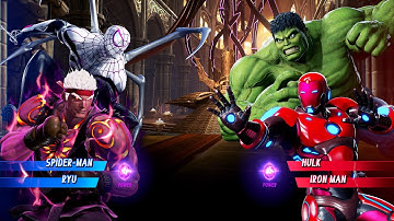 Spiderman & Evil Ryu vs Green Hulk & Iron Man (Very Hard) - Marvel vs Capcom | 4K UHD Gameplay
