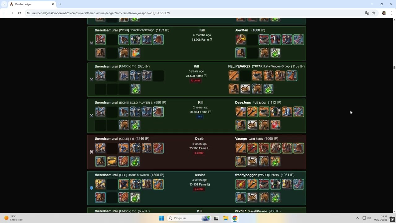 Minha infinita lista de kills com a besta do tirão no Albion Online.