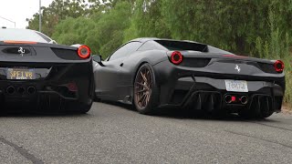 Two LOUD Ferrari 458 Italias with Novitec exhaust and headers. [4k] HEADPHONE USERS BEWARE!