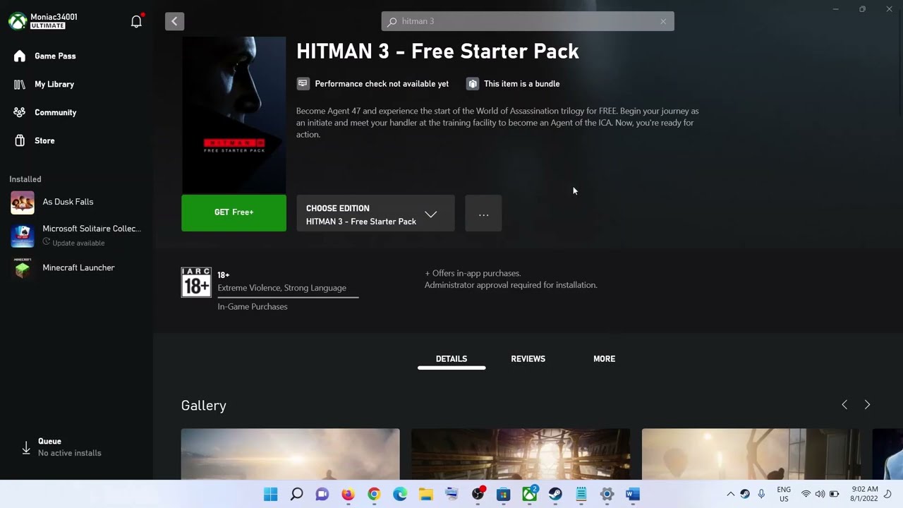 Tried to install Hitman Trilogy from Game Pass, download errored