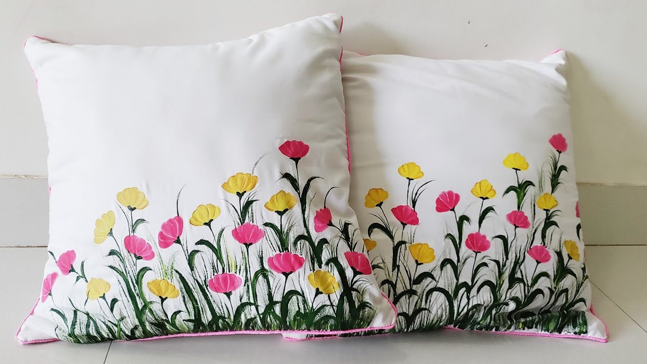 Easy Fabric Painting for Beginners. Pink and Yellow flowers. Cushion cover.Pillow  cover.Frock Design - YouTube
