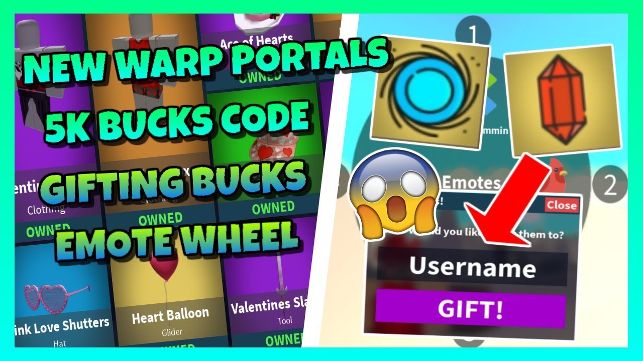 New Warp Portals Gifting Bucks Emote Wheel 5k Bucks - roblox island royale codes 2019 portles