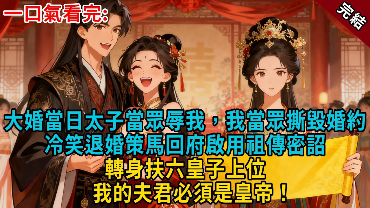 大婚當日太子當眾辱我，我當眾撕毀婚約。冷笑退婚策馬回府啟用祖傳密詔，轉身扶六皇子上位，我的夫君必須是皇帝！#古言 #完結 #大女主 #愛情