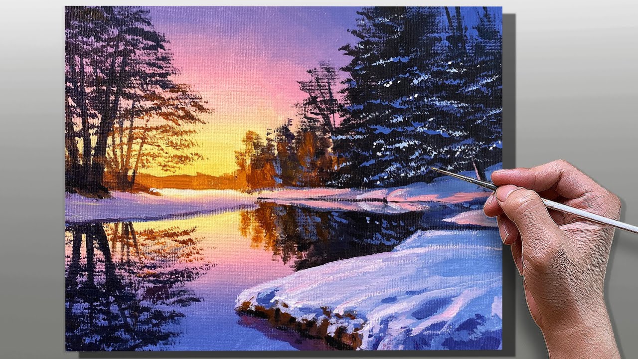 How to Paint Winter Lake Sunset / Stepbystep Acrylic Painting