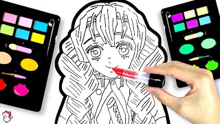 【鬼滅の刃のお絵かき♪】リカちゃんが甘露寺蜜璃のイラストを描いてぬりえメイクをするよ❤︎ リアルな化粧品を使ってメイクアップ❤︎ Demon Slayer drawing