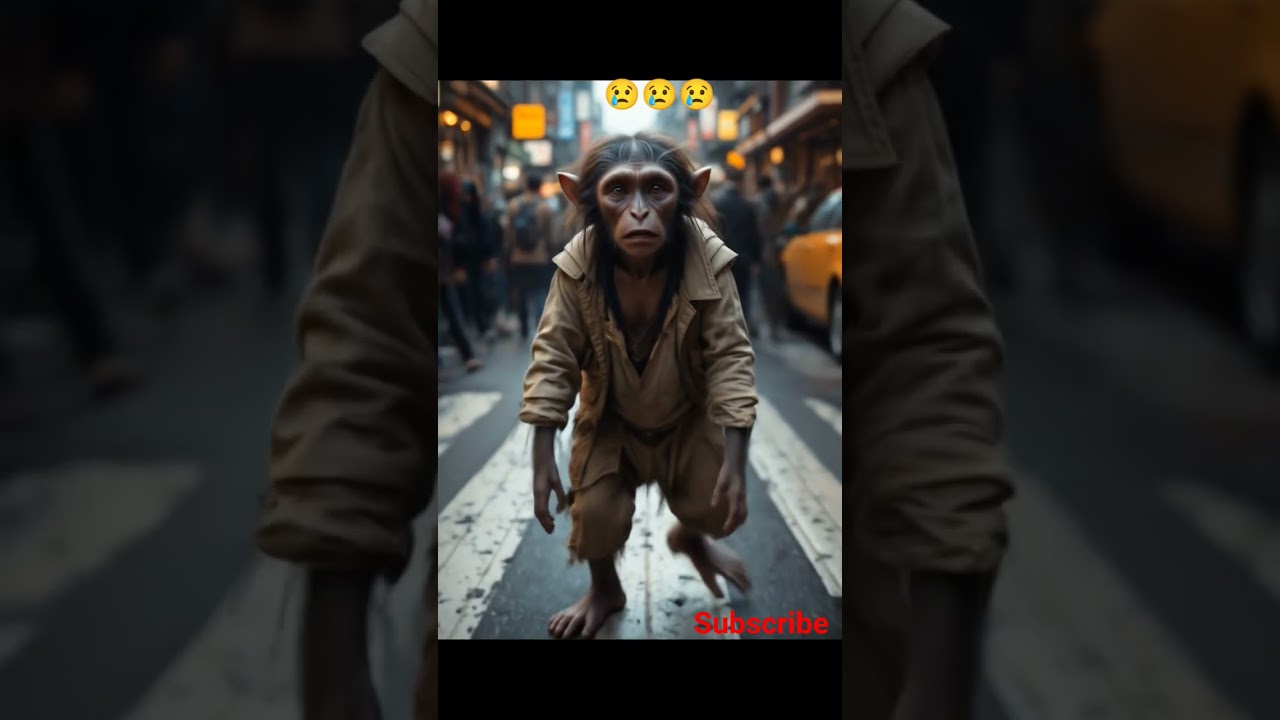 Helpless ai monkey walking in busy road 