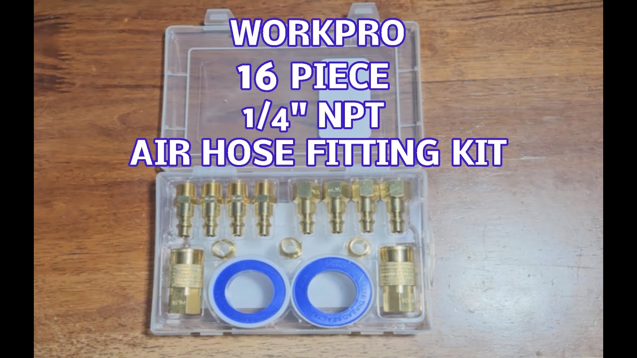 Набор фитингов для воздушного шланга WORKPRO из 16 предметов, резьба 1/4 дюйма NPT, в кейсе.
