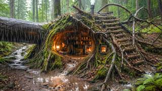 🌲 A Warm Dugout Shelter Hidden in the Roots of a Fallen Tree | Real Time Bushcraft