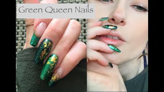 Green and Gold Nails with Polygel | Autumn Nails | Coffin Nails