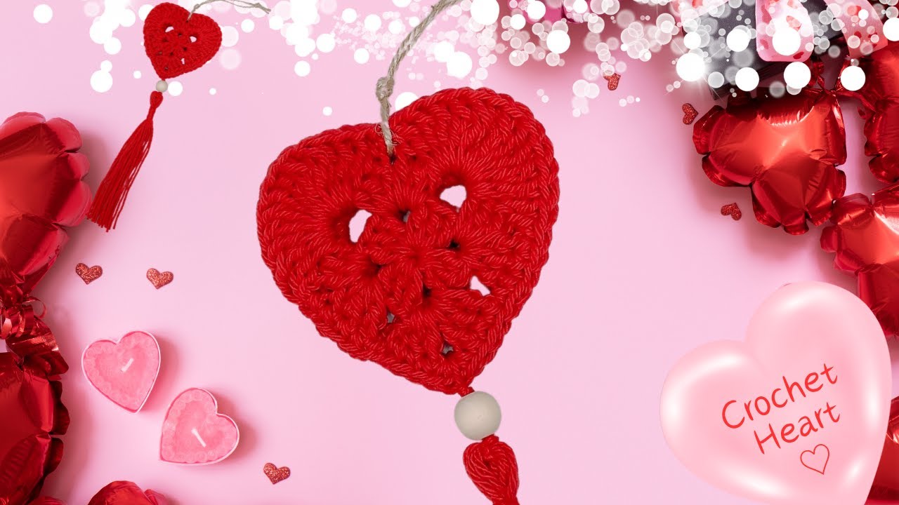 かぎ針編みでハートのオーナメント　Crochet Heart Ornament
