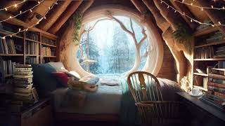 Cozy Cabin Room ❄️ Relaxing snowy day + Cat purring + Fireplace | ASMR Ambience to Relax/Focus/Sleep