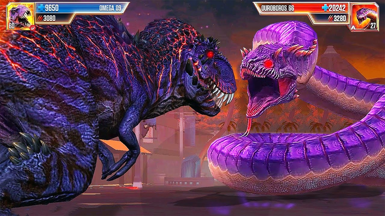 OMEGA 09 (T REX) VS OUROBOROS 66 (TITANOBOA): BATTLE FOR DOMINANCE | JURASSIC WORLD THE GAME