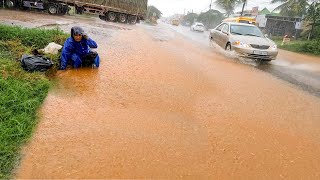 Massive Flooding Road Drains While A Heavy Rain Recuse Drains On Street